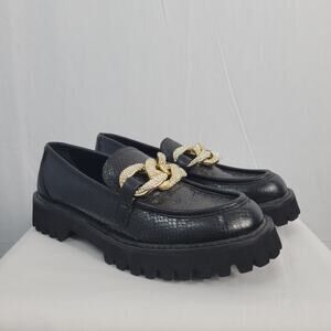 Karl Lagerfeld Paris Giana Lug Loafer Flats sz 11M Black Gold Chunky Chain Y2K